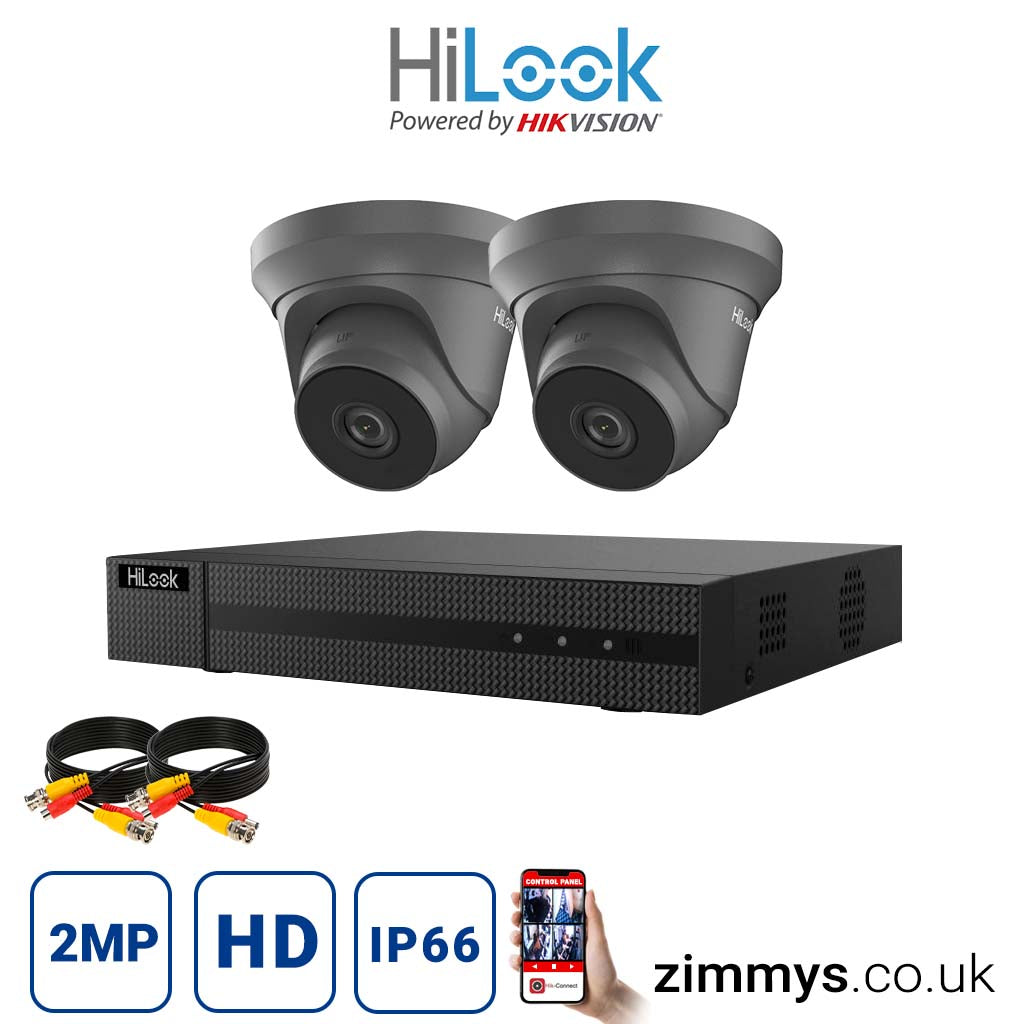 Hikvision HiLook 2MP CCTV Kit 4 Channel DVR (DVR-204Q-F1) with 2x Turret (THC-T220-M grey) Without HDD