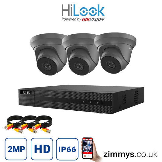Hikvision HiLook 2MP CCTV Kit 4 Channel DVR (DVR-204Q-F1) with 3x Turret (THC-T220-M grey) Without HDD
