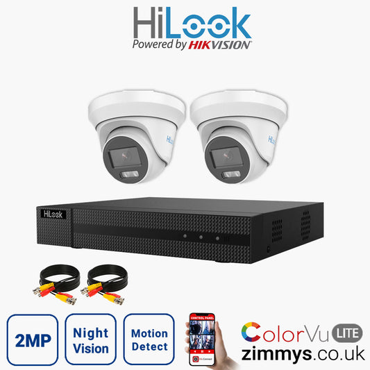 Hikvision HiLook 2MP CCTV Kit 4 Channel DVR (DVR-204G-F1) with 2x Turret (THC-T229M White) Without HDD