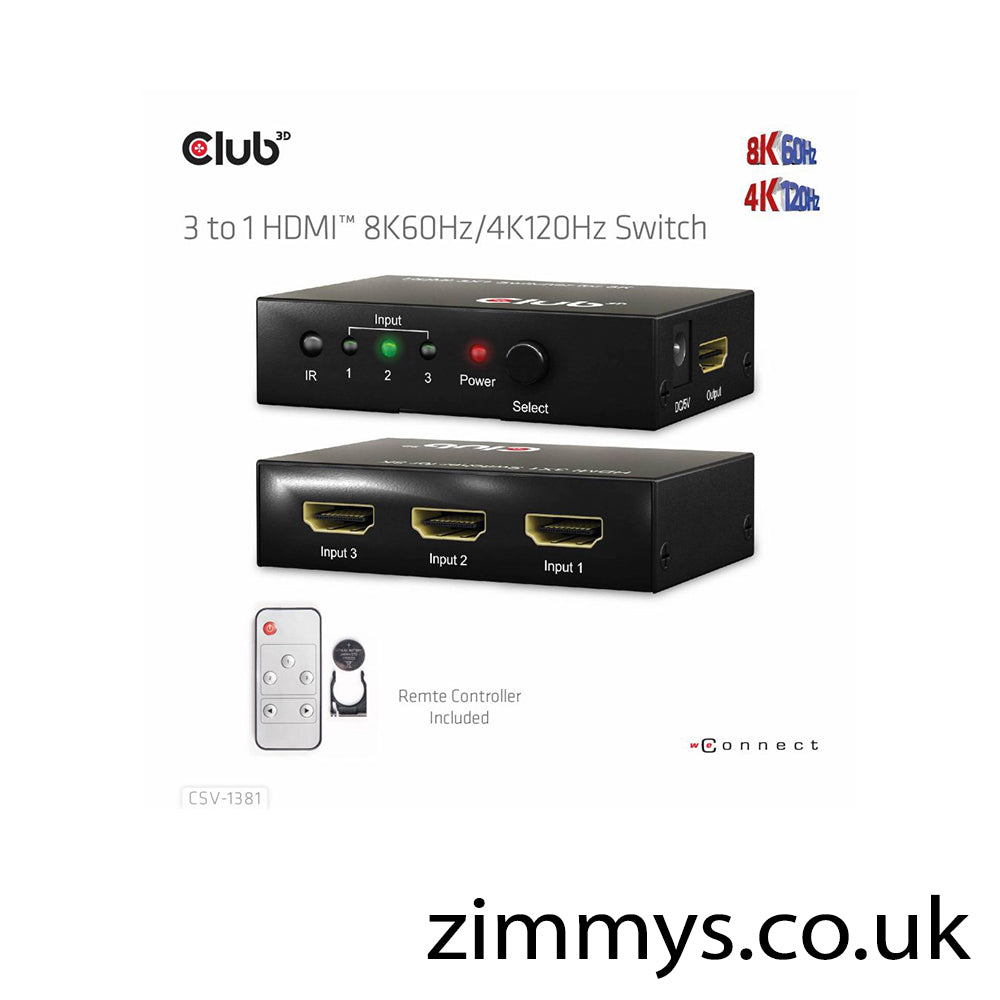 Club 3D 3 to 1 HDMI Switch with Remote Control