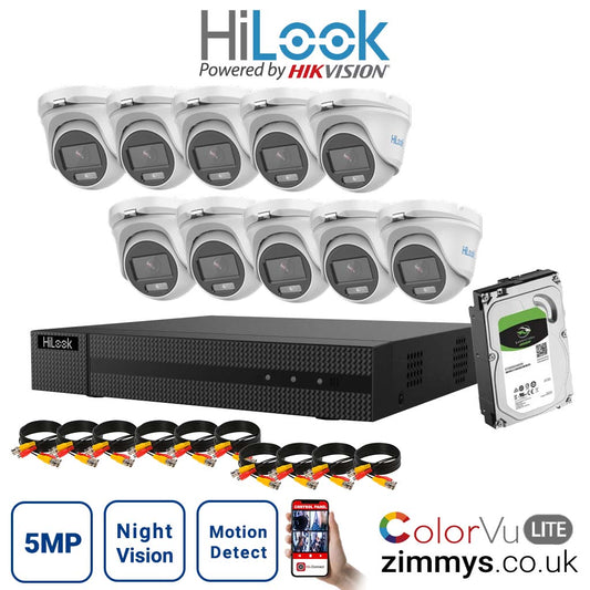 HIKVISION  HiLook 5MP CCTV Kit 16CH DVR (DVR-216U-K1) with 10x 3K ColorVu-Audio Camera (THC-T159-MS) and 1TB HDD