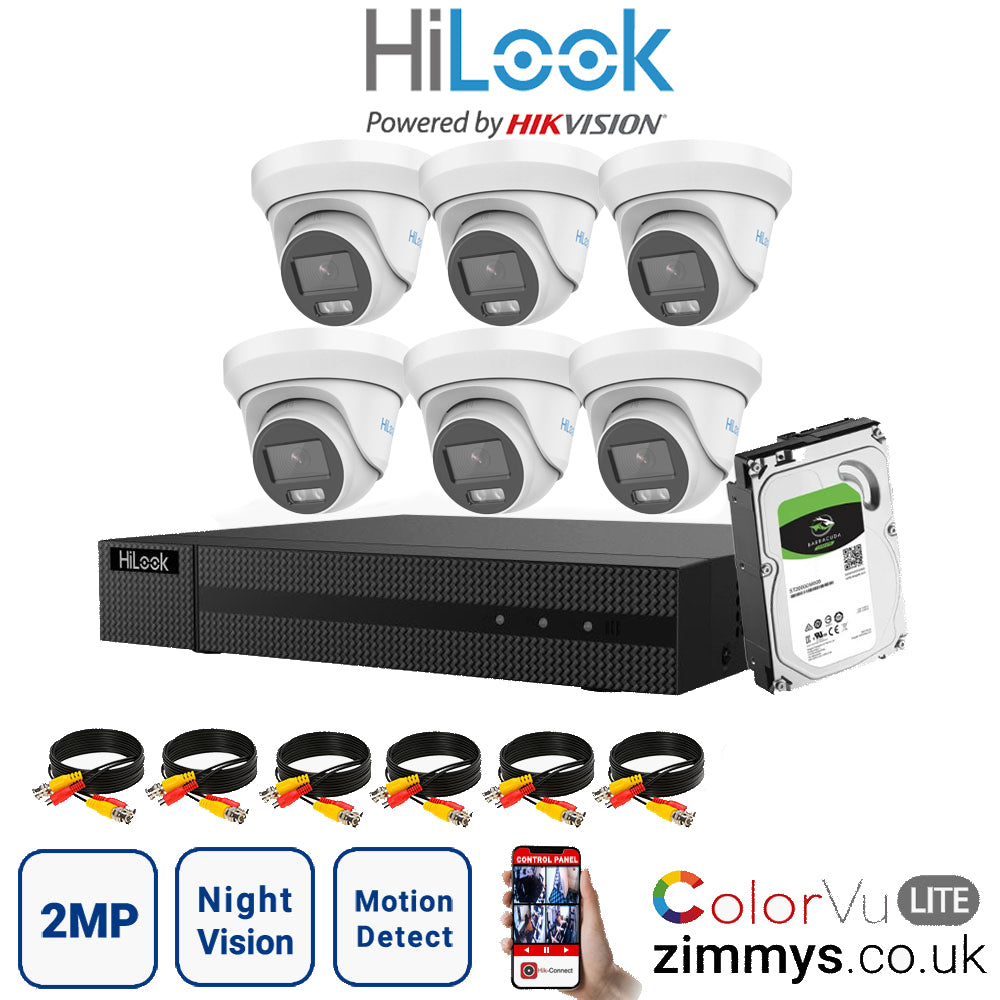 HIKVISION HiLook 2MP CCTV Kit 8 Channel DVR (DVR-208G-F1) with 6x Turret (THC-T229M White) and 6TB HDD