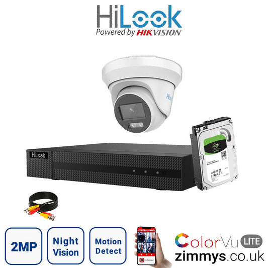 Hikvision HiLook 2MP CCTV Kit 4 Channel DVR (DVR-204G-F1) with 1x Turret (THC-T229-M White) and 2TB HDD