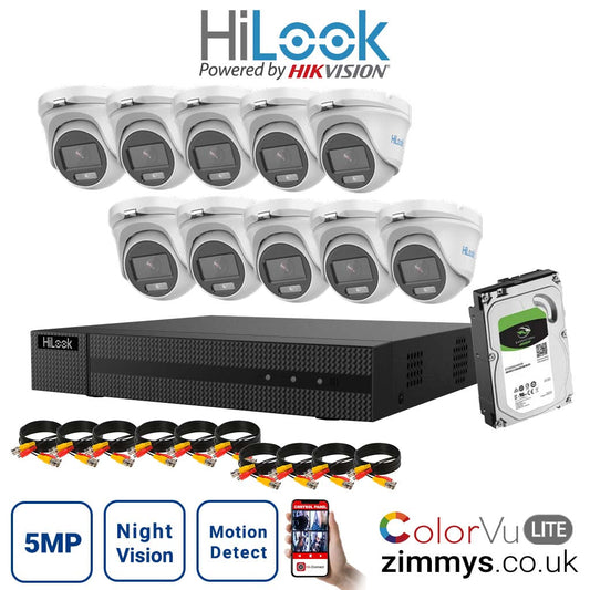 HIKVISION  HiLook 5MP CCTV Kit 16CH DVR (DVR-216U-K1) with 10x 3K ColorVu-Audio Camera (THC-T159-MS) and 2TB HDD