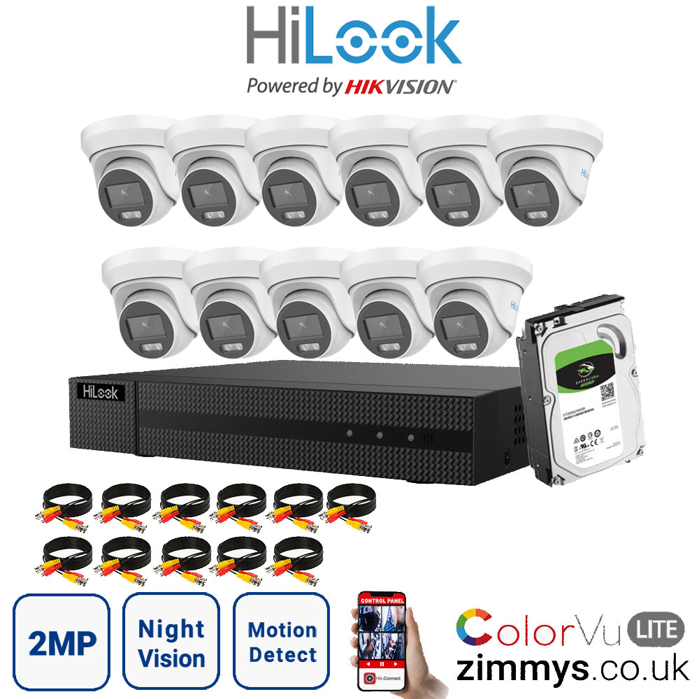 Hikvision HiLook 2MP CCTV Kit 16 Channel DVR (DVR-216G-F1) with 11x Turret (THC-T229-M White) and 1TB HDD