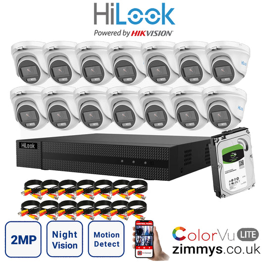 Hikvision HiLook 2MP CCTV Kit 16 Channel DVR (DVR-216G-F1) with 14x Turret (THC-T129-M White) and 4TB HDD