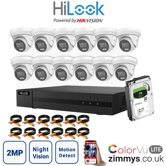 HIKVISION HiLook 2MP CCTV Kit 16 Channel DVR (DVR-216G-F1) with 12x Turret (THC-T229M White) and 500GB HDD