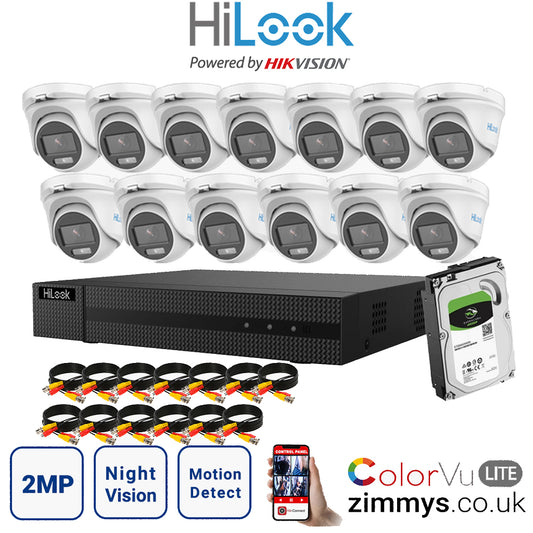 Hikvision HiLook 2MP CCTV Kit 16 Channel DVR (DVR-216G-F1) with 13x Turret (THC-T129-M White) and 6TB HDD