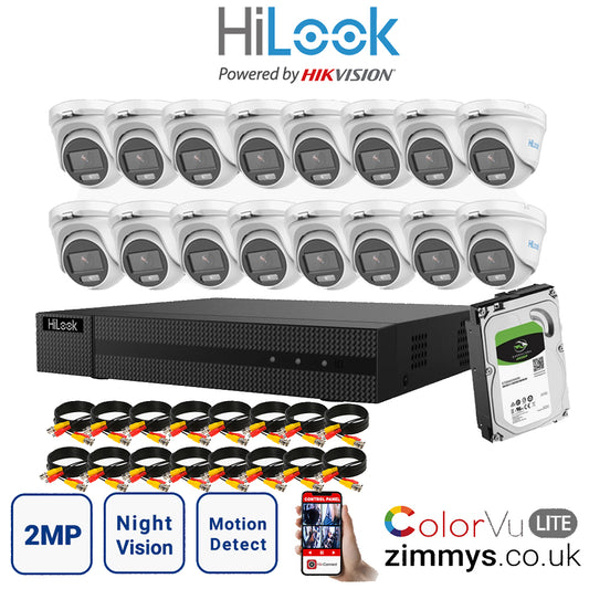 Hikvision HiLook 2MP CCTV Kit 16 Channel DVR (DVR-216G-F1) with 16x Turret (THC-T129-M White) and 2TB HDD