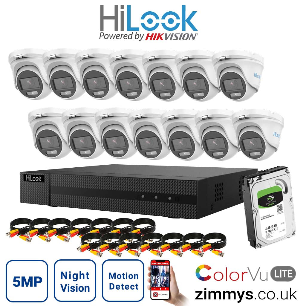 HIKVISION HiLook 5MP CCTV Kit 16CH DVR (DVR-216U-K1) with 14x 3K ColorVu-Audio Camera (THC-T159-MS) and 6TB HDD