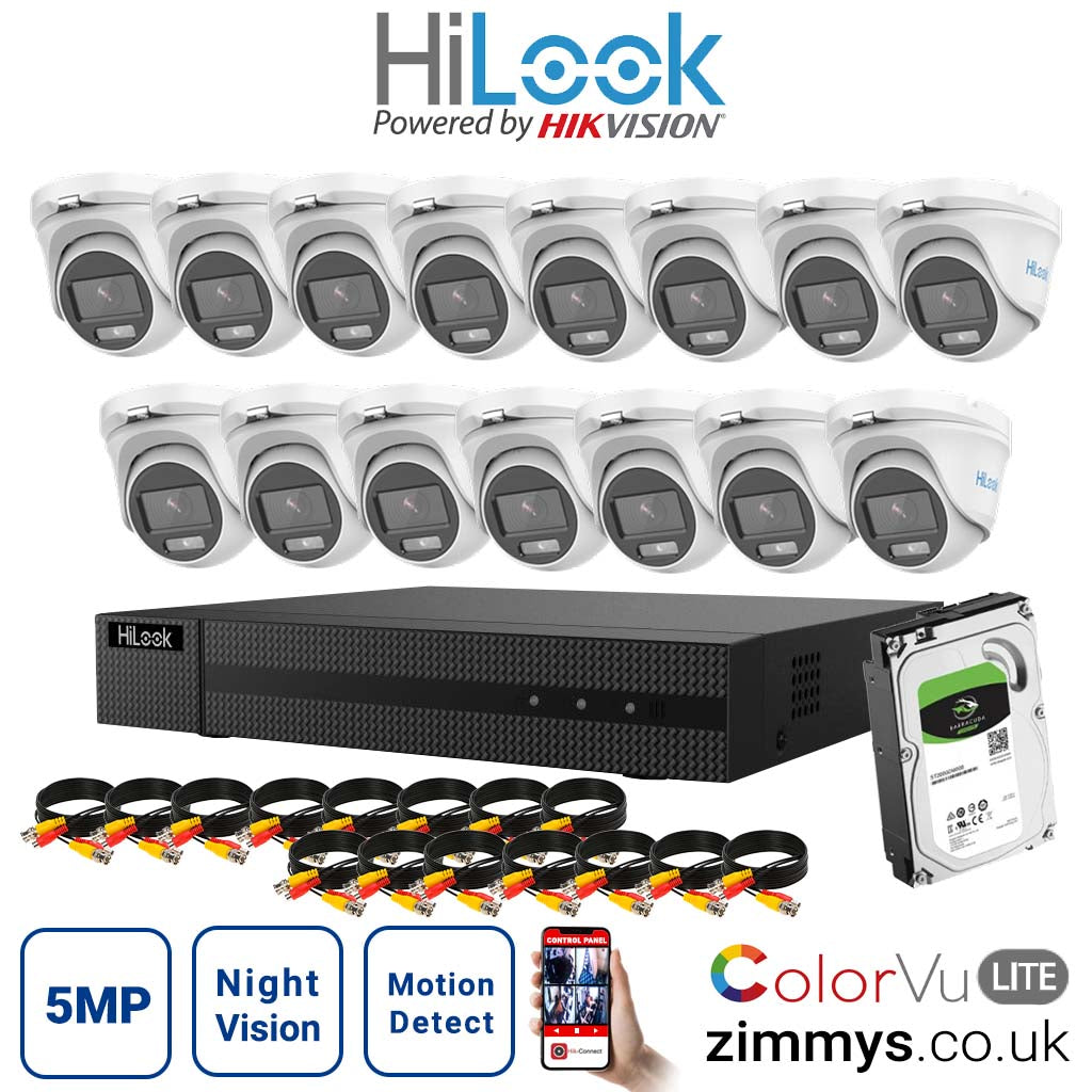 HIKVISION  HiLook 5MP CCTV Kit 16CH DVR (DVR-216U-K1) with 15x 3K ColorVu-Audio Camera (THC-T159-MS) and 1TB HDD