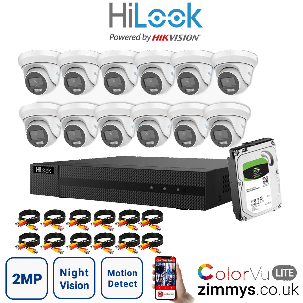 HIKVISION HiLook 2MP CCTV Kit 16 Channel DVR (DVR-216G-F1) with 12x Turret (THC-T229M White) and 4TB HDD