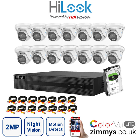 HIKVISION HiLook 2MP CCTV Kit 16 Channel DVR (DVR-216G-F1) with 14x Turret (THC-T229M White) and 500GB HDD