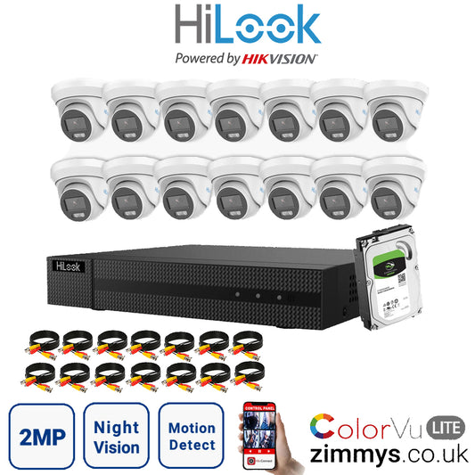 HIKVISION HiLook 2MP CCTV Kit 16 Channel DVR (DVR-216G-F1) with 14x Turret (THC-T229M White) and 1TB HDD