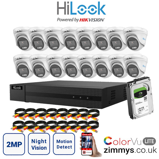 Hikvision HiLook 2MP CCTV Kit 16 Channel DVR (DVR-216G-F1) with 16x Turret (THC-T129-M White) and 2TB HDD