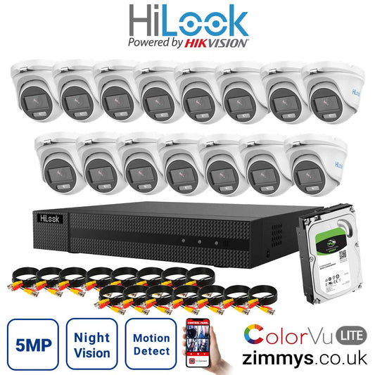 HIKVISION  HiLook 5MP CCTV Kit 16CH DVR (DVR-216U-K1) with 15x 3K ColorVu-Audio Camera (THC-T159-MS) and 2TB HDD