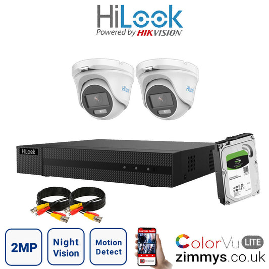 Hikvision HiLook 2MP CCTV Kit 4 Channel DVR (DVR-204G-F1) with 2x Turret (THC-T129M White) and 1TB HDD