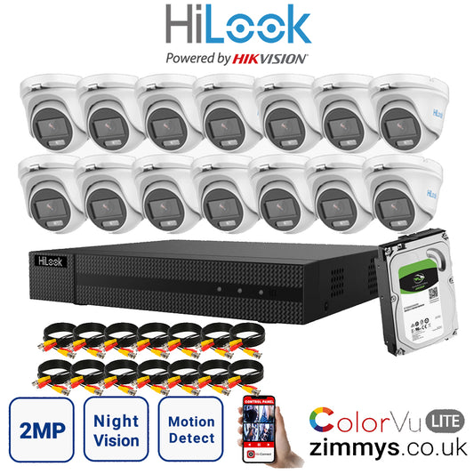 Hikvision HiLook 2MP CCTV Kit 16 Channel DVR (DVR-216G-F1) with 14x Turret (THC-T129-M White) and 6TB HDD