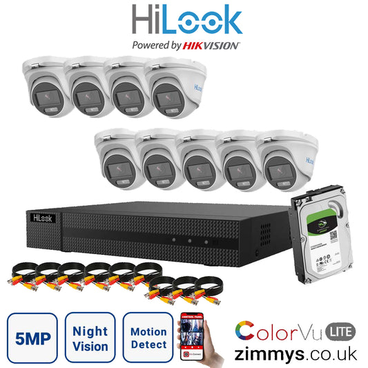 HIKVISION HiLook 5MP CCTV Kit 16CH DVR (DVR-216U-K1) with 9x 3K ColorVu-Audio Camera (THC-T159-MS) and 1TB HDD