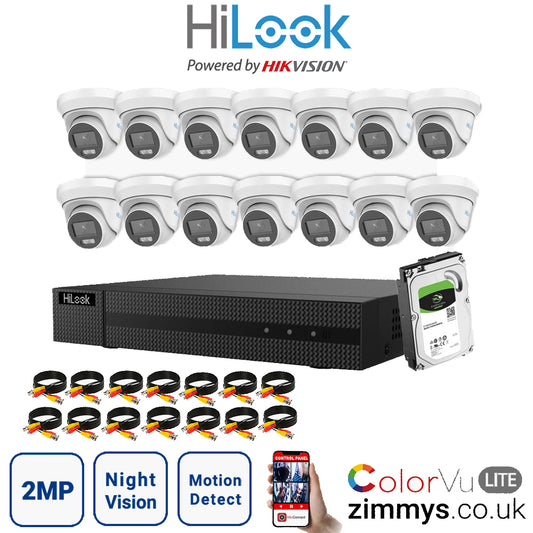 HIKVISION HiLook 2MP CCTV Kit 16 Channel DVR (DVR-216G-F1) with 14x Turret (THC-T229M White) and 2TB HDD