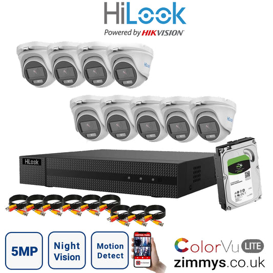 HIKVISION HiLook 5MP CCTV Kit 16CH DVR (DVR-216U-K1) with 9x 3K ColorVu-Audio Camera (THC-T159-MS) and 2TB HDD