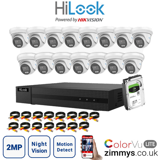 Hikvision HiLook 2MP CCTV Kit 16 Channel DVR (DVR-216G-F1) with 15x Turret (THC-T229-M White) and 6TB HDD