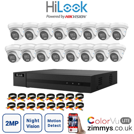 HIKVISION HiLook 2MP CCTV Kit 16 Channel DVR (DVR-216G-F1) with 16x Turret (THC-T229M White) Without HDD