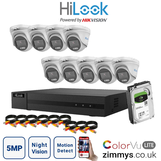 HIKVISION HiLook 5MP CCTV Kit 16CH DVR (DVR-216U-K1) with 9x 3K ColorVu-Audio Camera (THC-T159-MS) and 4TB HDD