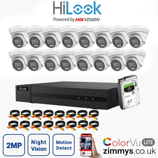 HIKVISION HiLook 2MP CCTV Kit 16 Channel DVR (DVR-216G-F1) with 16x Turret (THC-T229M White) and 500GB HDD