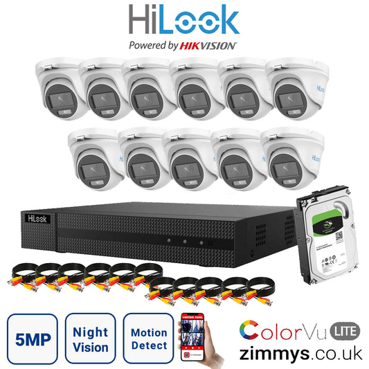 HIKVISION HiLook 5MP CCTV Kit 16CH DVR (DVR-216U-K1) with 11x 3K ColorVu-Audio Camera (THC-T159-MS) and 1TB HDD