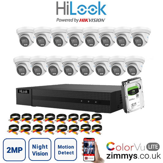 HIKVISION HiLook 2MP CCTV Kit 16 Channel DVR (DVR-216G-F1) with 16x Turret (THC-T229M/White) and 1TB HDD