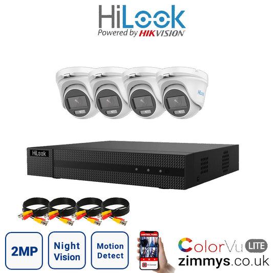 Hikvision HiLook 2MP CCTV Kit 8 Channel DVR (DVR-208G-F1) with 4x Turret (THC-T129-M White) Without HDD