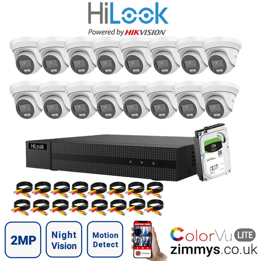 HIKVISION HiLook 2MP CCTV Kit 16 Channel DVR (DVR-216G-F1) with 16x Turret (THC-T229M White) and 4TB HDD