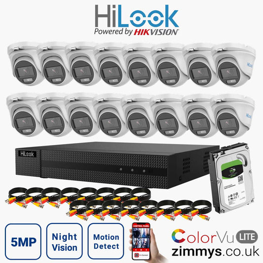 HIKVISION HiLook 5MP CCTV Kit 16CH DVR (DVR-216U-K1) with 16x 3K ColorVu-Audio Camera (THC-T159-MS) and 6TB HDD