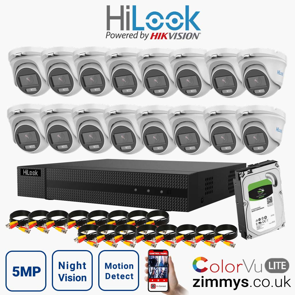 HIKVISION HiLook 5MP CCTV Kit 16CH DVR (DVR-216U-K1) with 16x 3K ColorVu-Audio Camera (THC-T159-MS) and 2TB HDD