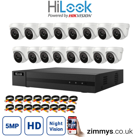 HIKVISION HiLook 5MP CCTV Kit 16 Channel DVR (DVR-216U-K1) with 16x Turret (THC-T250-M/White) and Without HDD