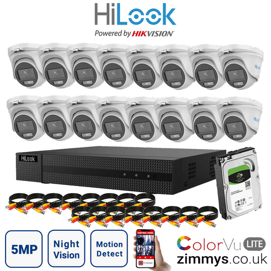 HIKVISION HiLook 5MP CCTV Kit 16CH DVR (DVR-216U-K1) with 16x 3K ColorVu-Audio Camera (THC-T159-MS) and 1TB HDD