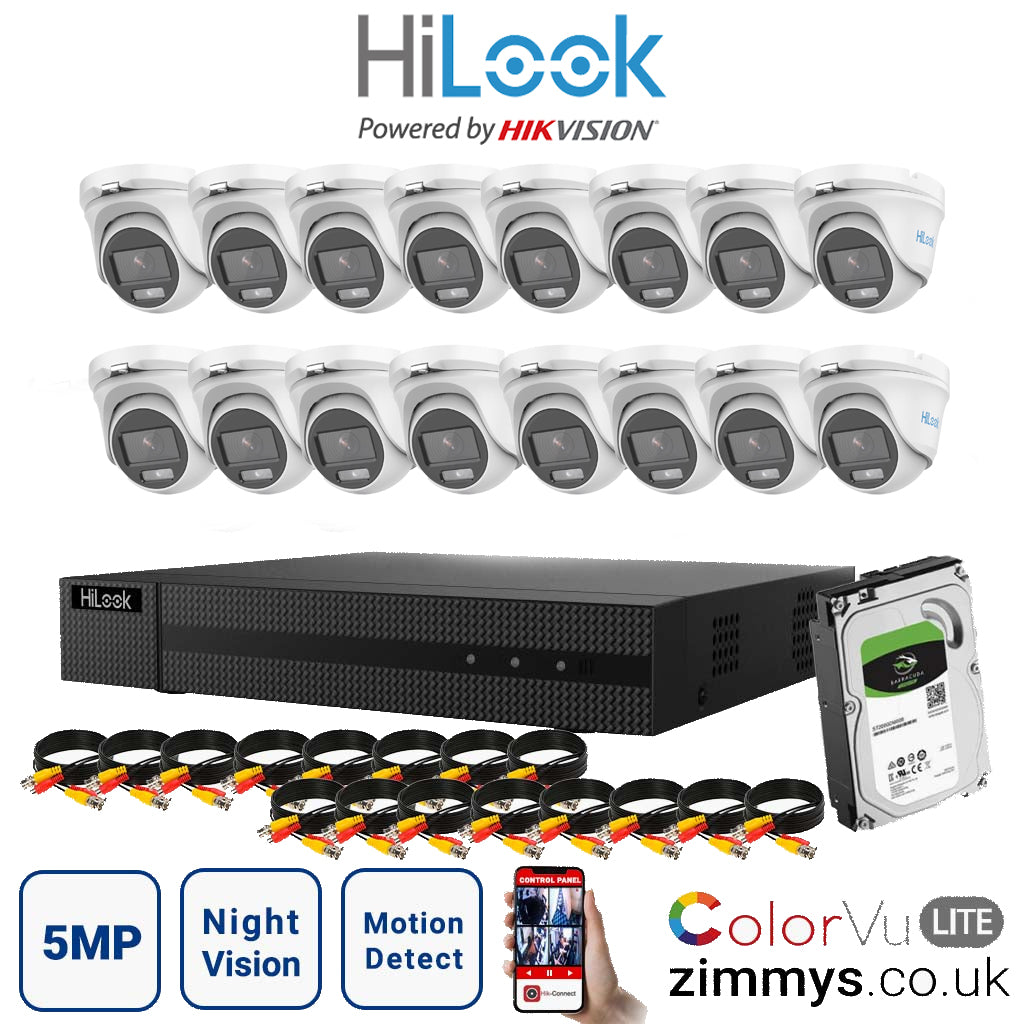 HIKVISION HiLook 5MP CCTV Kit 16CH DVR (DVR-216U-K1) with 16x 3K ColorVu-Audio Camera (THC-T159-MS) and 4TB HDD