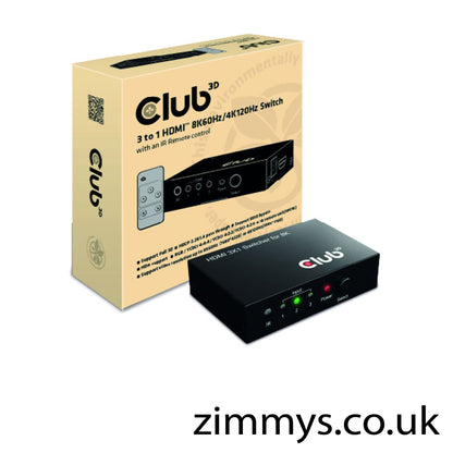 Club 3D 3 to 1 HDMI Switch with Remote Control