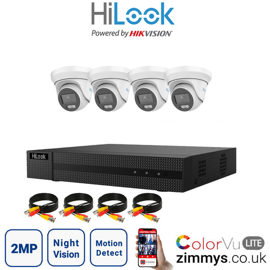 Hikvision HiLook 2MP CCTV Kit 4 Channel DVR (DVR-204G-F1) with 4x Turret (THC-T229M White) Without HDD