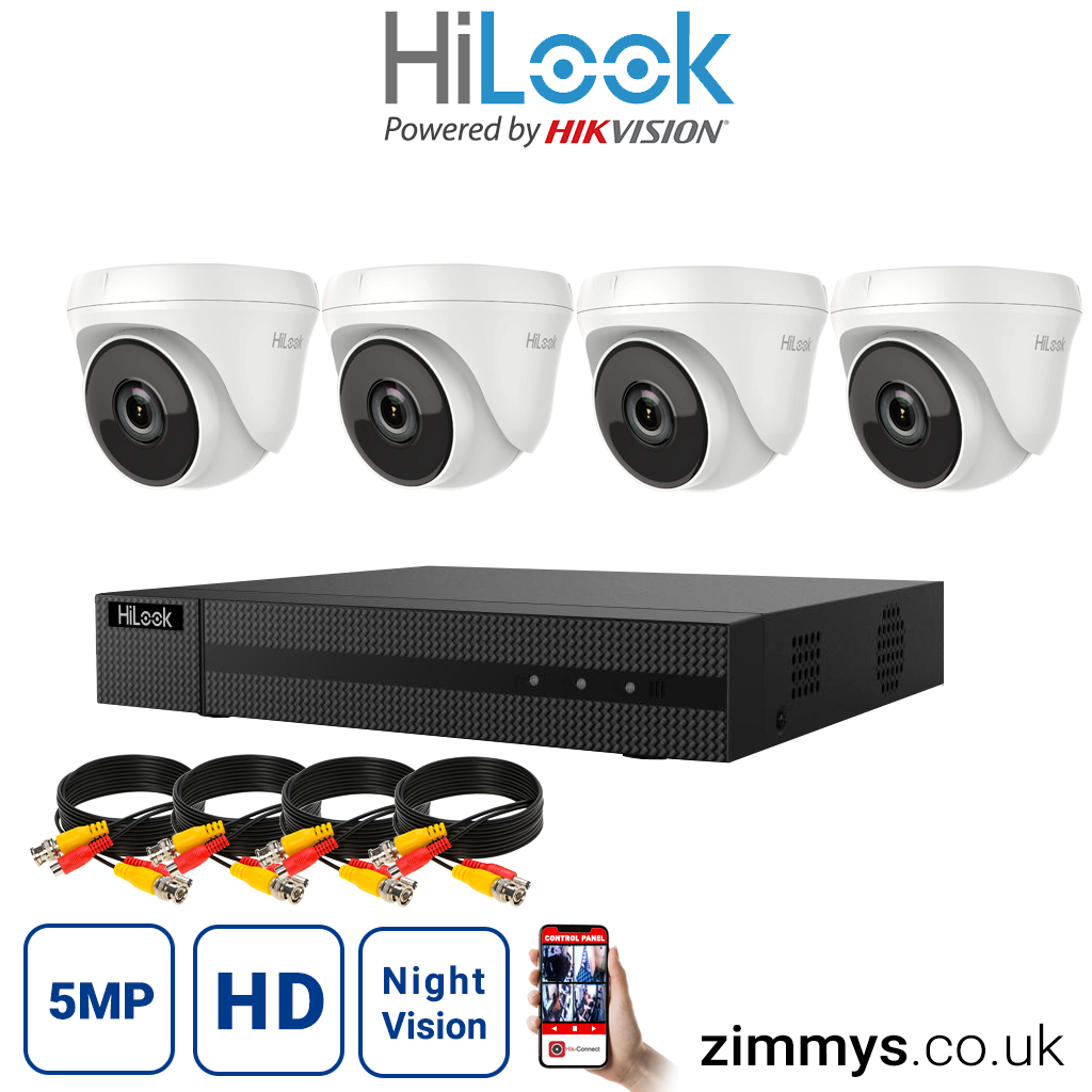 Hikvision HiLook 5MP CCTV Kit 4 Channel DVR (DVR-204U-K1) with 3x Turret (THC-T250-M White) and without HDD