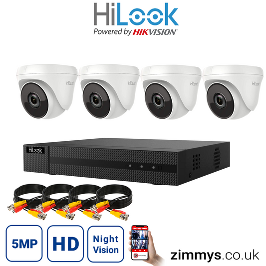 Hikvision HiLook 5MP CCTV Kit 4 Channel DVR (DVR-204U-K1) with 3x Turret (THC-T250-M White) and without HDD