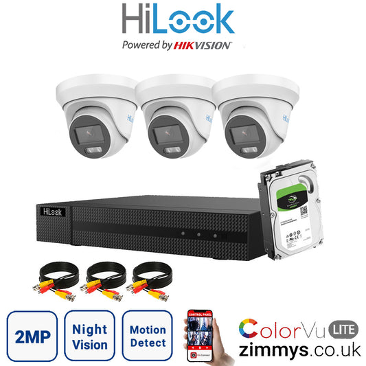 Hikvision HiLook 2MP CCTV Kit 4 Channel DVR (DVR-204G-F1) with 3x Turret (THC-T229M White) and 1TB HDD