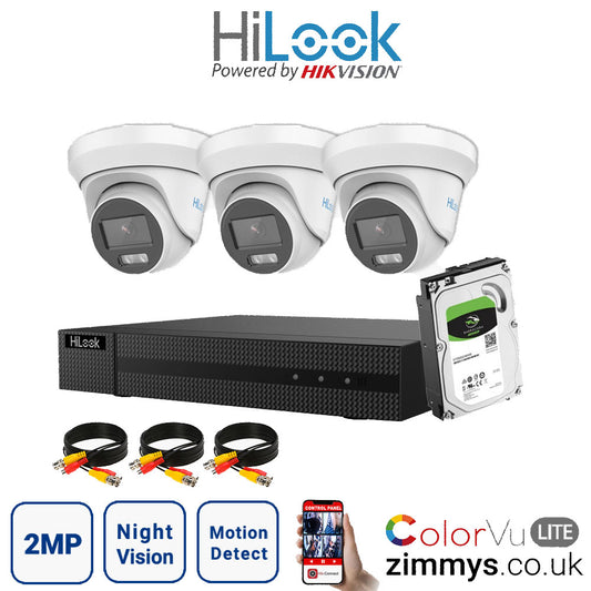 Hikvision HiLook 2MP CCTV Kit 4 Channel DVR (DVR-204G-F1) with 3x Turret (THC-T229M White) and 2TB HDD