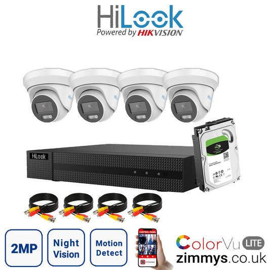 Hikvision HiLook 2MP CCTV Kit 8 Channel DVR (DVR-208G-F1) with 4x Turret (THC-T229-M White) and 4TB HDD