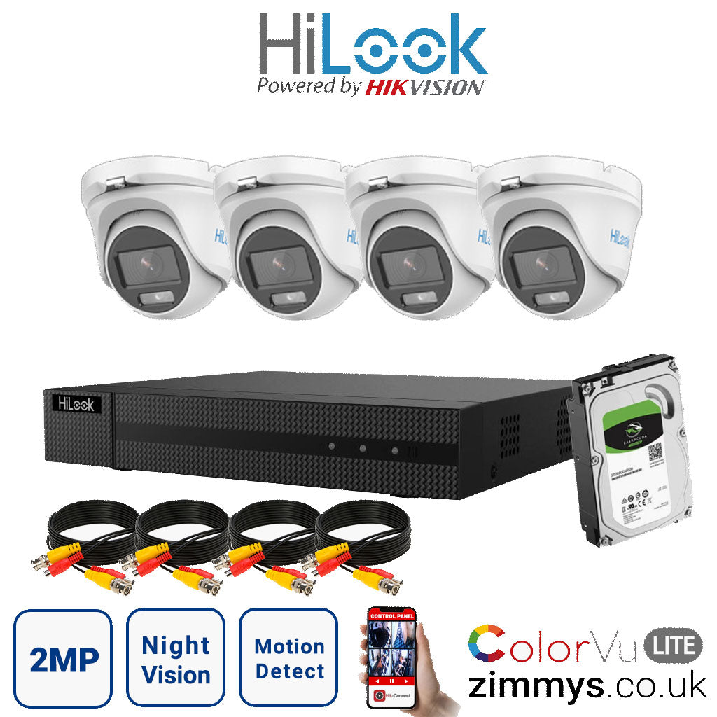 Hikvision HiLook 2MP CCTV Kit 8 Channel DVR (DVR-208G-F1) with 4x Turret (THC-T129-M White) and 1TB HDD