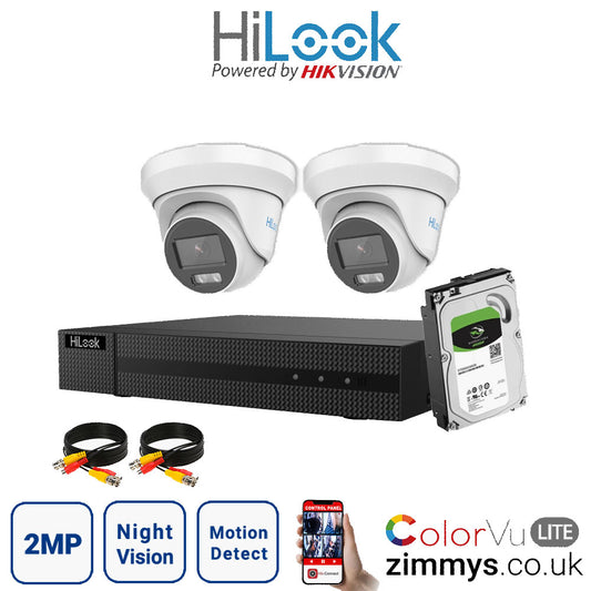 Hikvision HiLook 2MP CCTV Kit 4 Channel DVR (DVR-204G-F1) with 2x Turret (THC-T229M White) and 4TB HDD