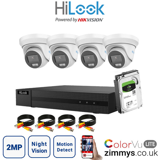 Hikvision HiLook 2MP CCTV Kit 4 Channel DVR (DVR-204G-F1) with 4x Turret (THC-T229M White) and 500GB HDD