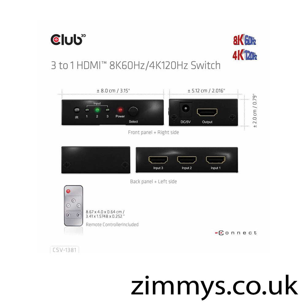 Club 3D 3 to 1 HDMI Switch with Remote Control