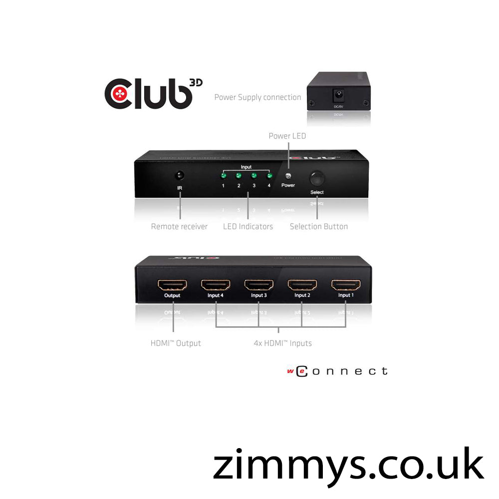 Club 3D Compact 4 Port Switchbox 4K/Ultra HD HDMI2.0 with Remote Control